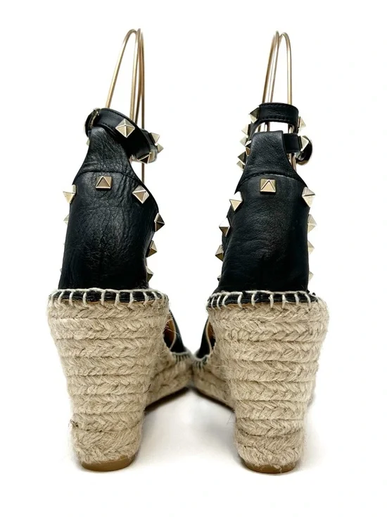 Maypol Studded Leather Wedge Espadrilles Size 39/ Black Leather Gold Studs - Picture 6 of 11